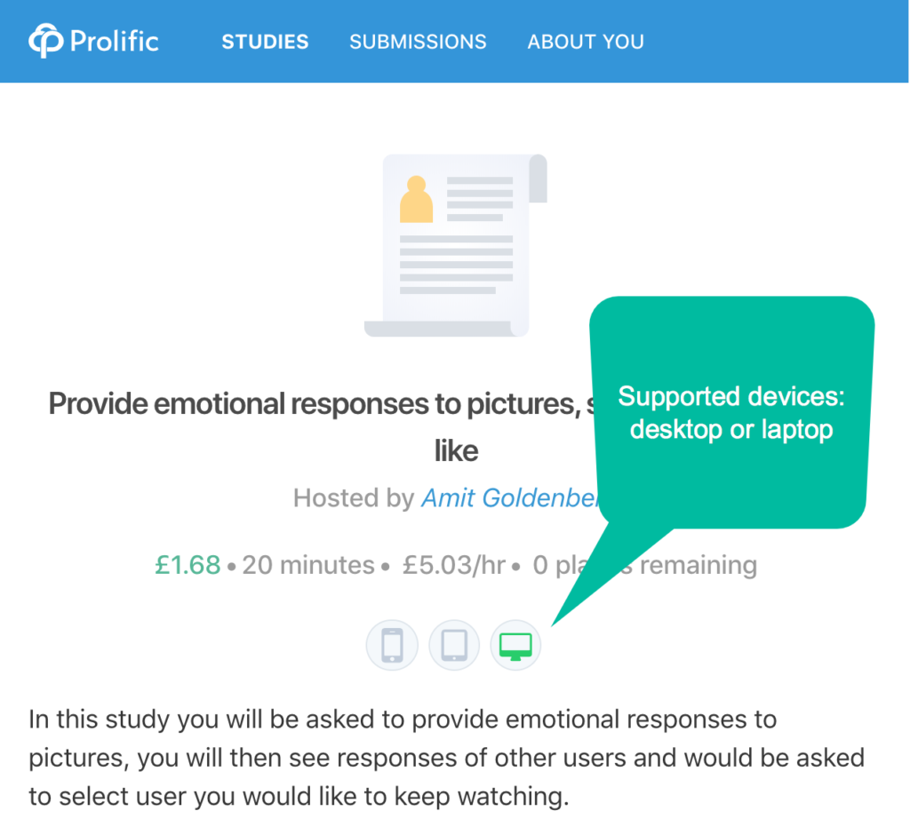 Prolific survey for desktop or laptop