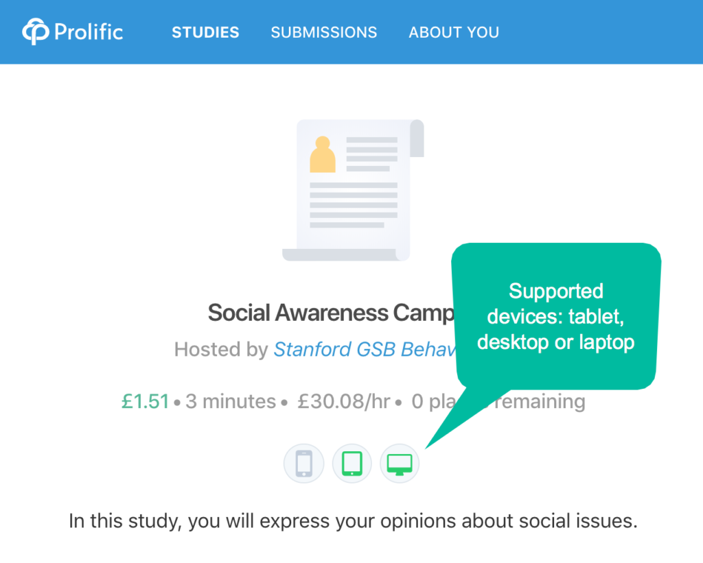 Prolific survey for tablet and desktop