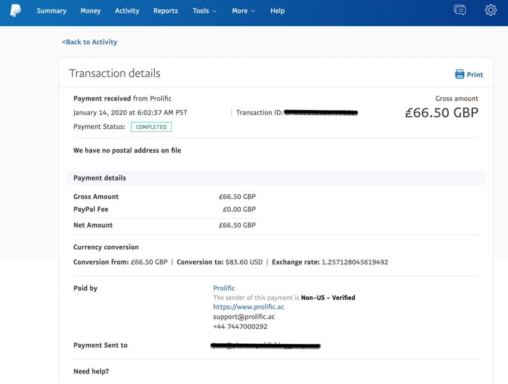 Prolific Paypal proof of payment