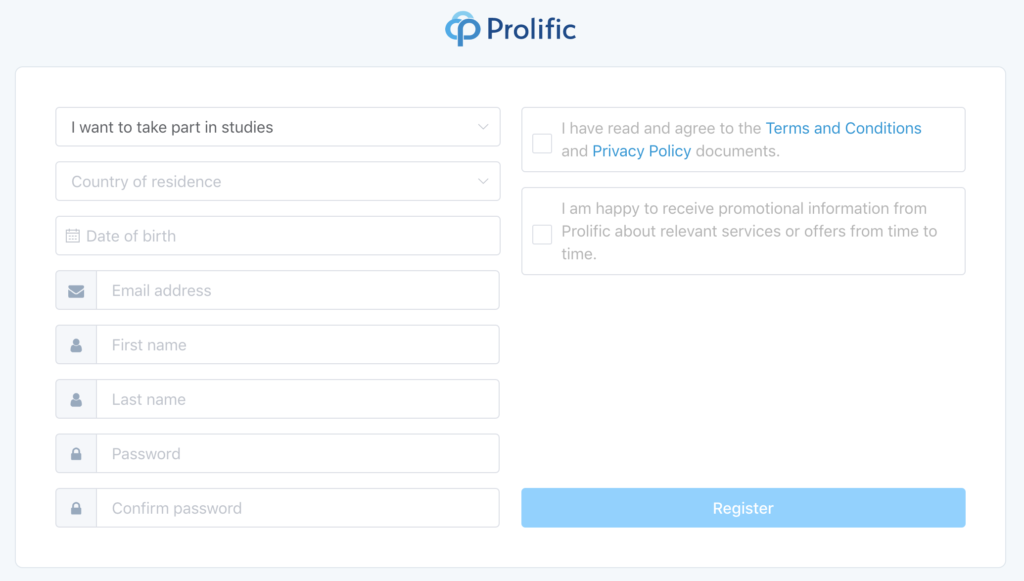 Prolific sign up page