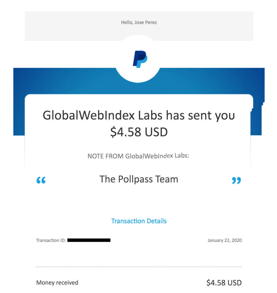 Pollpass proof of payment to Paypal