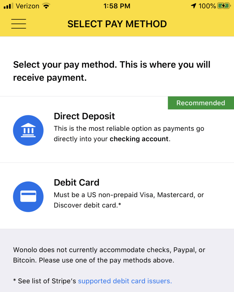 Payment method selection screenshot