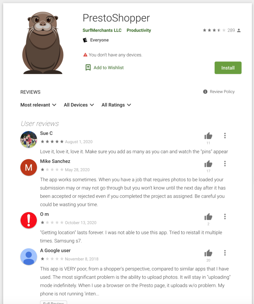 Google Play reviews for Presto Shopper
